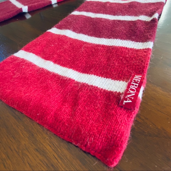 Merona Fuzzy Rabbit Hair Blend Burgundy White Red Stripe Knit Scarf 58" Length - Picture 8 of 16
